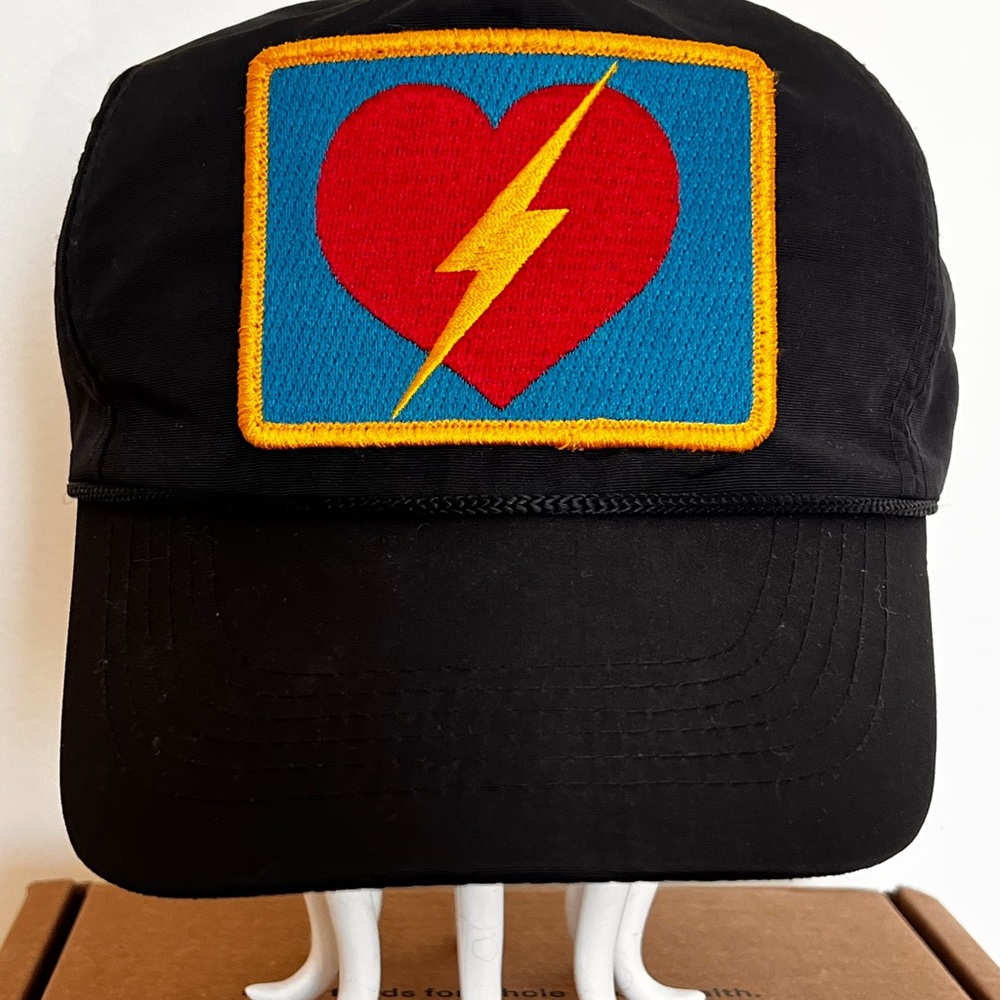 Aviator Nation Black snap-back Hat with Red Heart & Yellow Lightning Bolt Patch